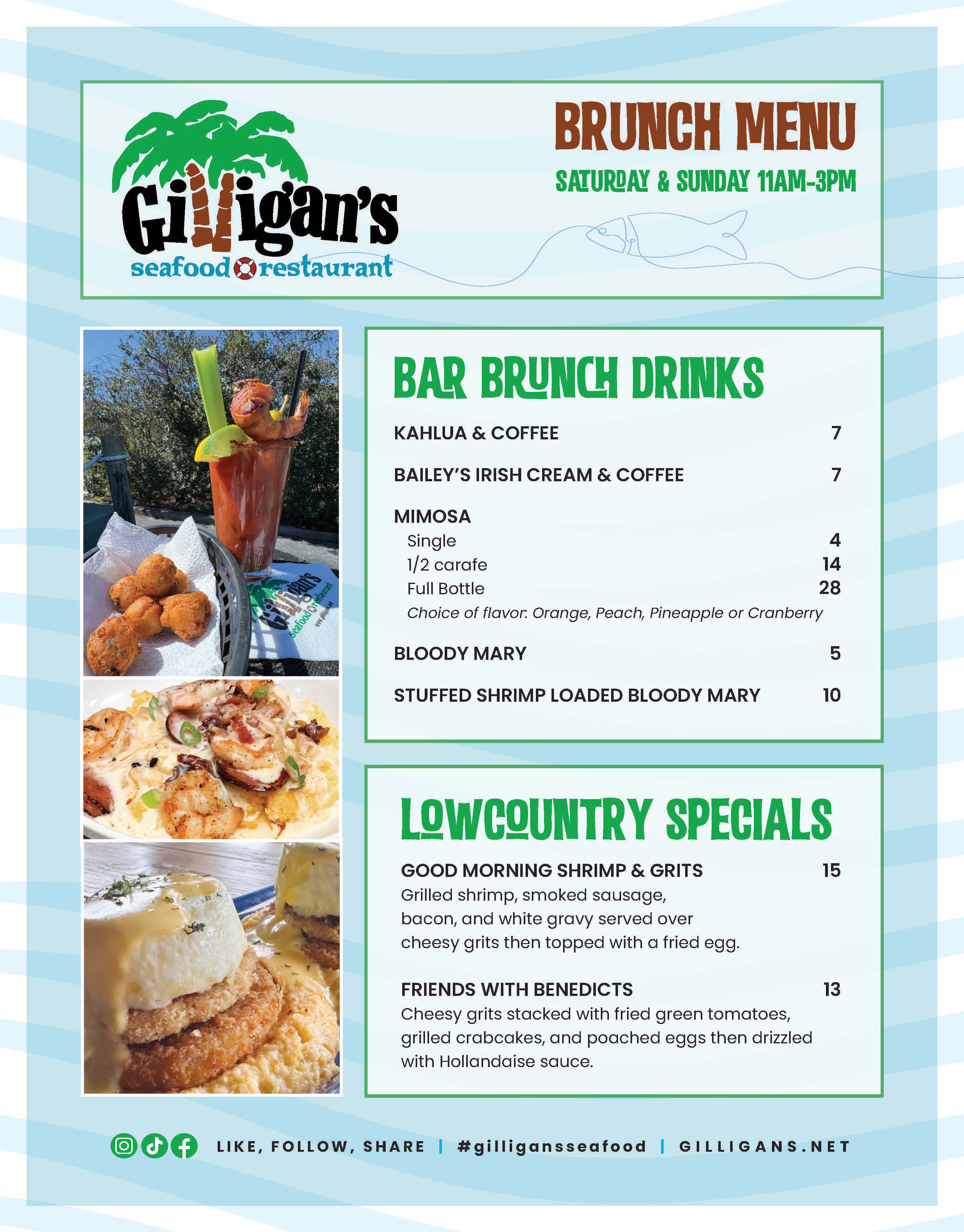 Gilligan's Brunch Menu Charleston SC
